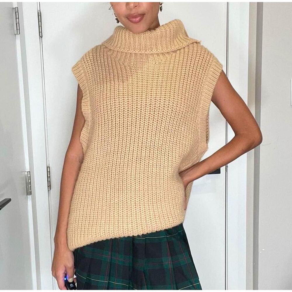 Zara Cowel Neck Chunky Knit Camel Oversized Sweater Vest
